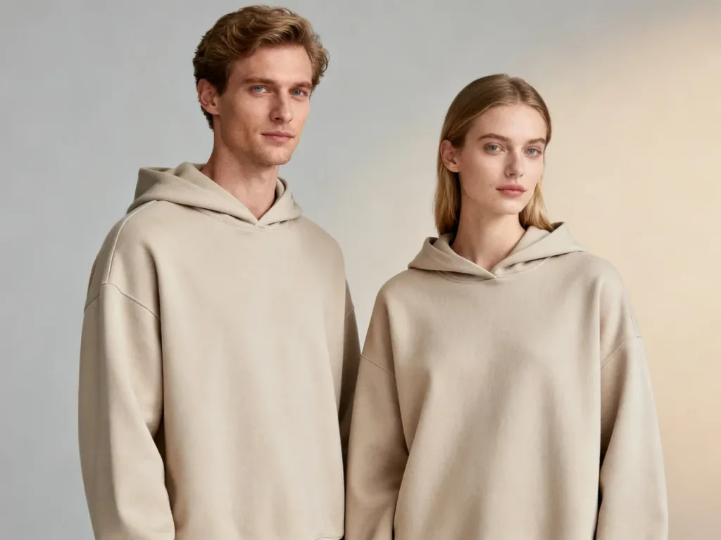 Kobieta i mężczyzna w identycznych bluzach typu unisex, prezentujący nowoczesny, minimalistyczny styl modowy.