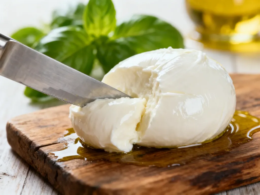 Świeża kula sera Fior di latte na drewnianej desce, krojona nożem w otoczeniu bazylii i oliwy.