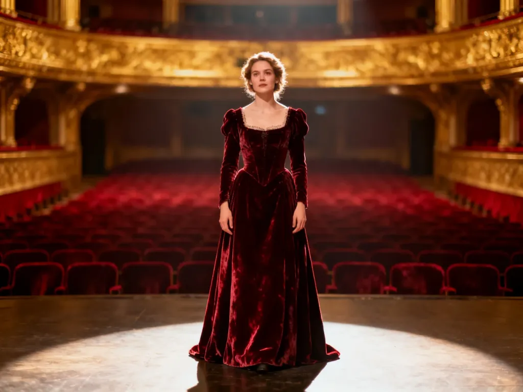 Elegancka kobieta w aksamitnej sukni na scenie operowej, uosabiająca klasyczny wizerunek divy w blasku reflektorów.