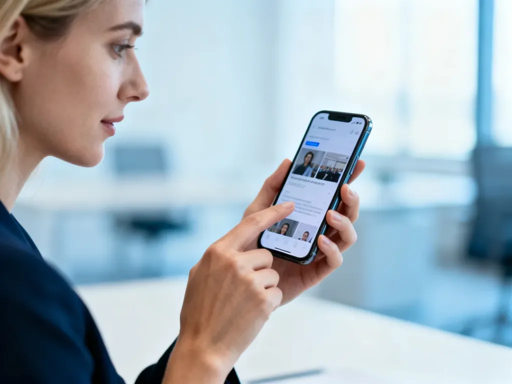 Kobieta trzymająca smartfon i udostępniająca treści w nowoczesnym biurze, ilustrująca proces repostowania w mediach.