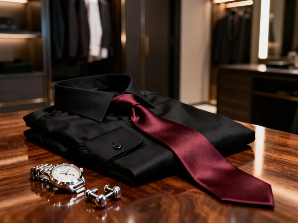 Elegancka czarna koszula zestawiona z bordowym krawatem, srebrnym zegarkiem i spinkami, tworząca stylową propozycję męską.
