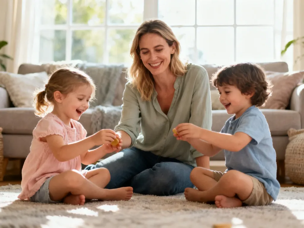 Au pair bawiąca się z dziećmi w przytulnym salonie, tworząca ciepłą i domową atmosferę.