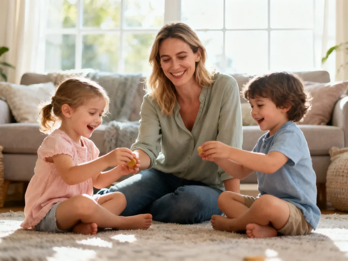 Au pair bawiąca się z dziećmi w przytulnym salonie, tworząca ciepłą i domową atmosferę.