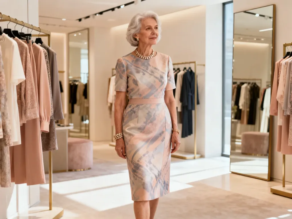 Elegancka kobieta po 70. roku życia w stylowej sukience o korzystnym kroju, prezentująca modną stylizację w butiku.