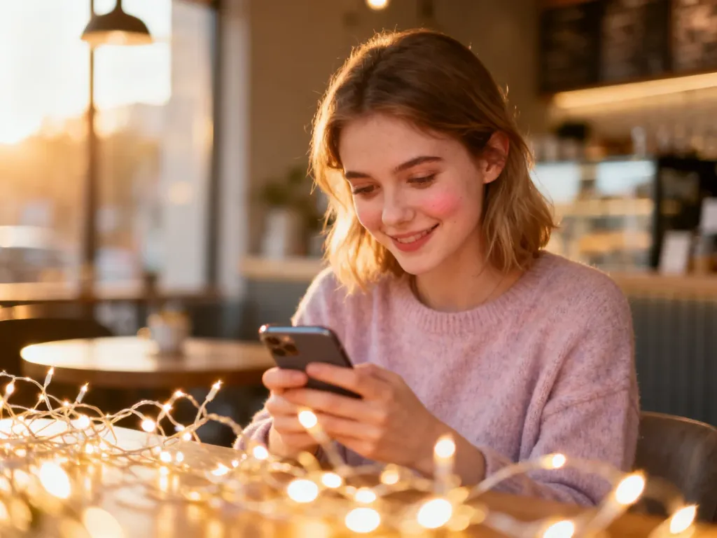 Młoda kobieta z delikatnym uśmiechem patrzy w telefon, co oddaje uczucie zauroczenia i romantyczną atmosferę.