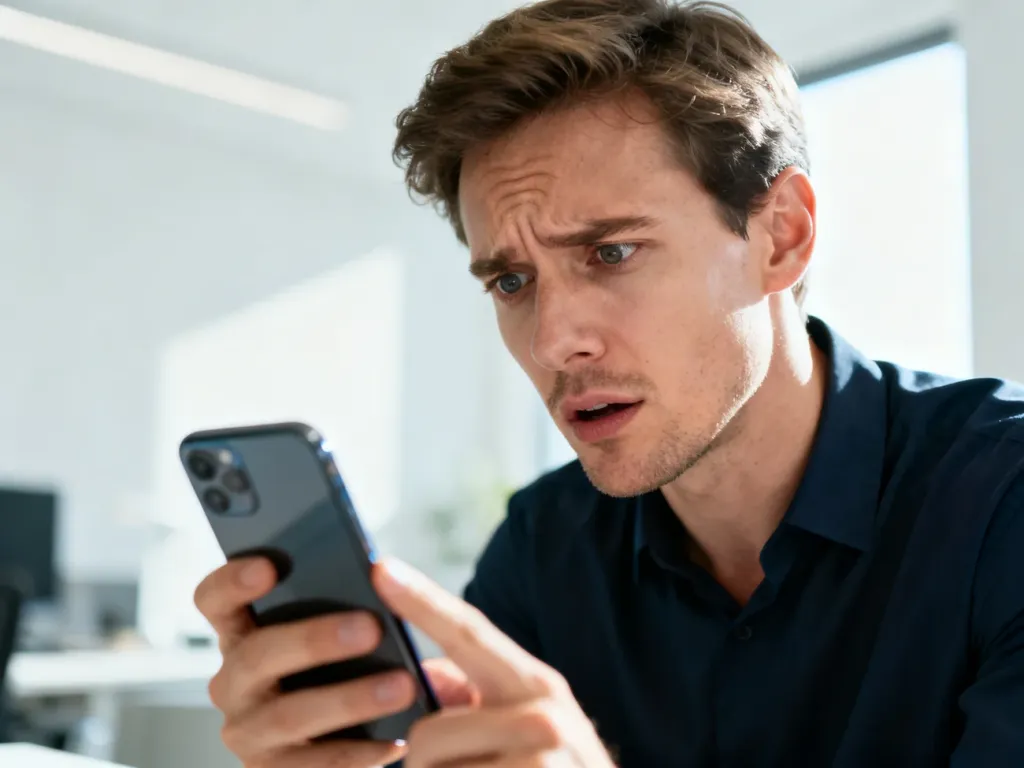 Mężczyzna zdezorientowany patrzący na ekran smartfona w nowoczesnym biurze, ilustrujący niezrozumienie skrótu TF.