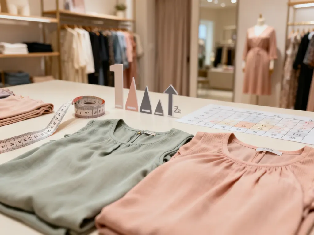 Zestaw odzieży plus-size z miarką krawiecką i tabelą rozmiarów, ułożony w estetyczny sposób na jasnym tle.