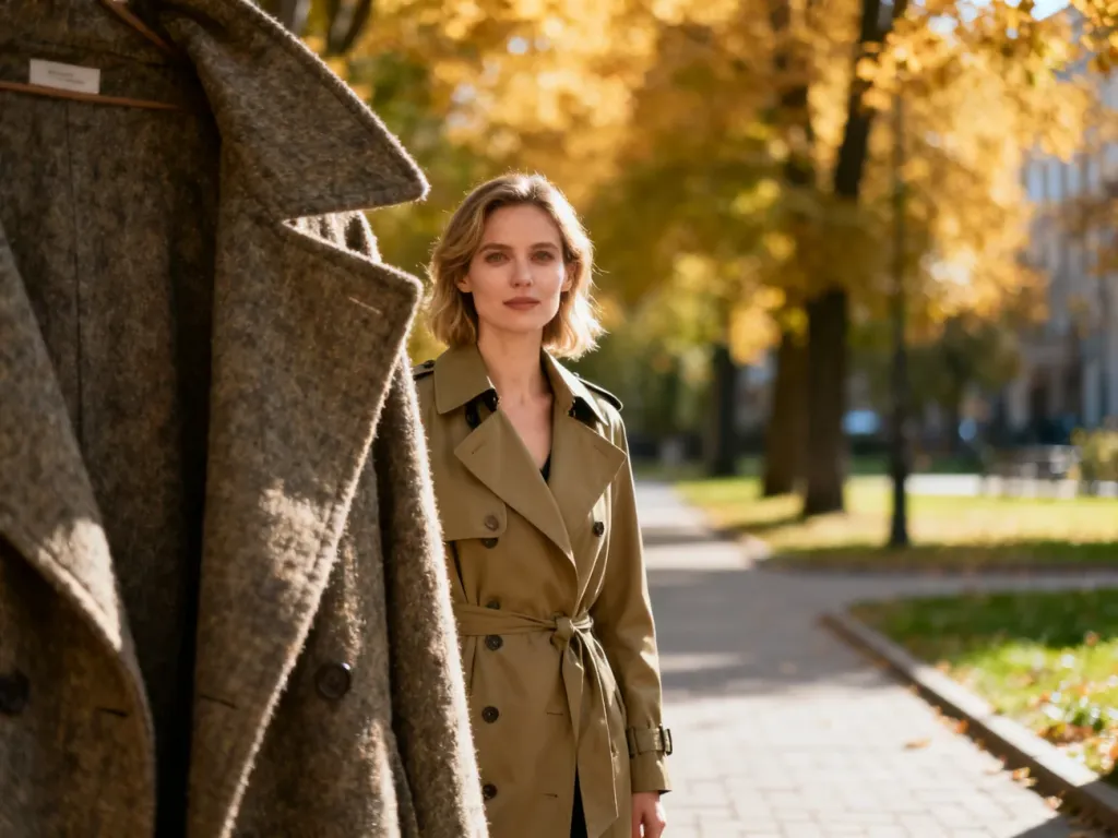 Kobieta w eleganckim trenczu w kolorze khaki na tle jesiennego parku, prezentująca stylizację w odcieniach ziemi.